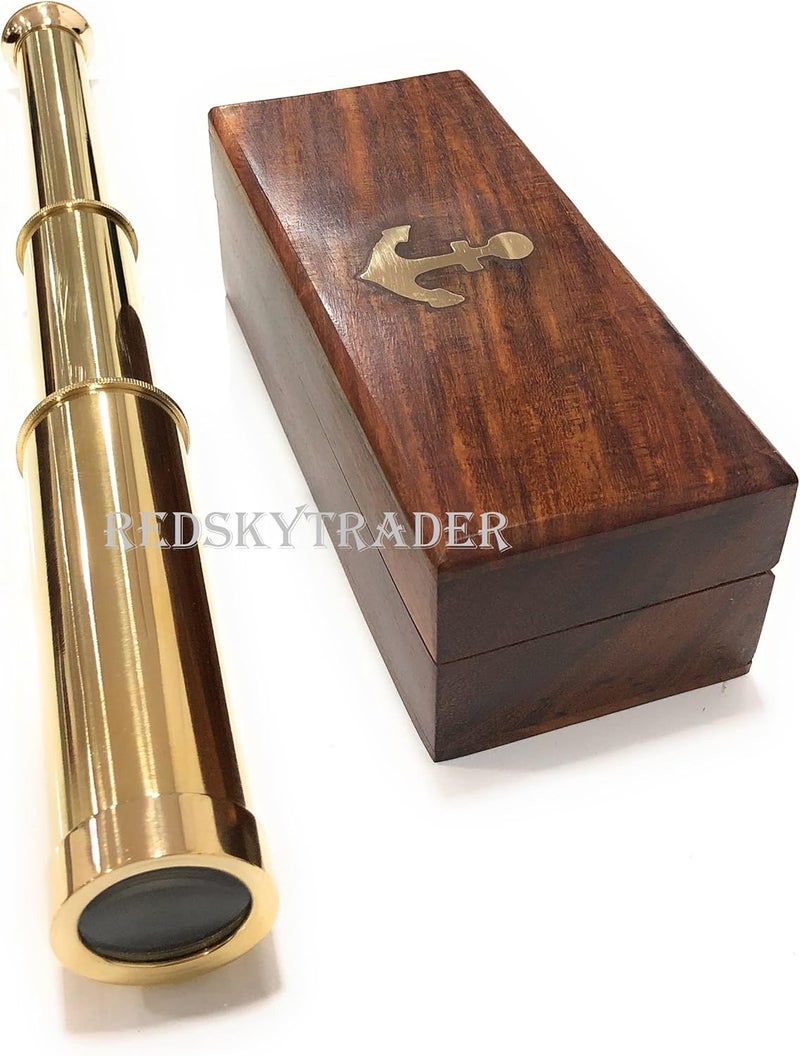 RedSkyTrader Brass 9" Handheld Brass Telescope Nautical Pirate Spy Glass with Box Rustic Vintage Home Decor Gifts - Image 2